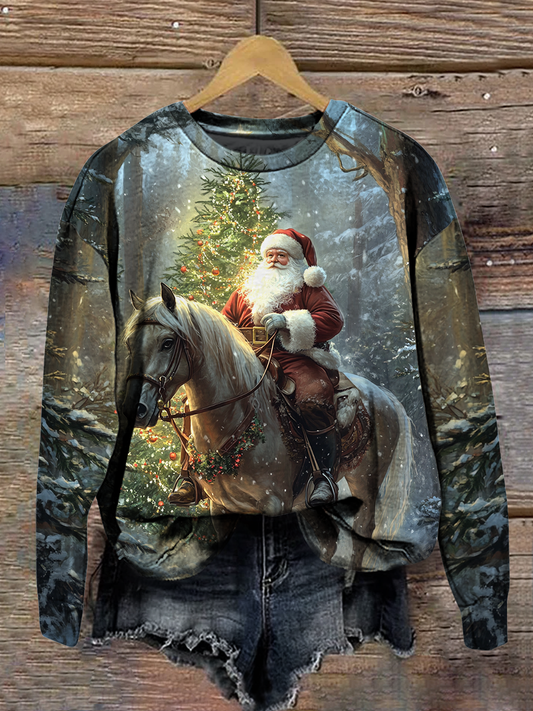 Christmas Art Print Round Neck Long Sleeve Casual Sweatshirt