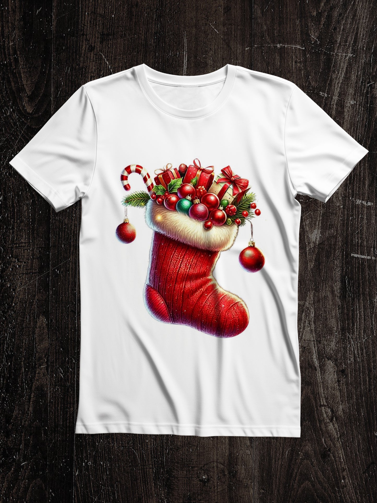 Christmas Stocking Art Print Unisex Round Neck Short Sleeve Casual T-Shirt