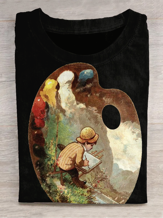 Painting Art Print Round Neck Short Sleeve Casual T-Shirt