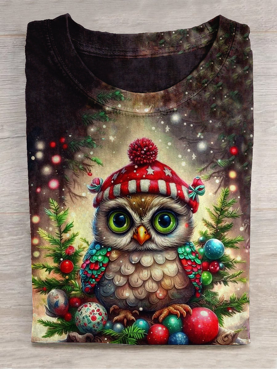 Owl Christmas Art Print Unisex Round Neck Short Sleeve Casual T-Shirt