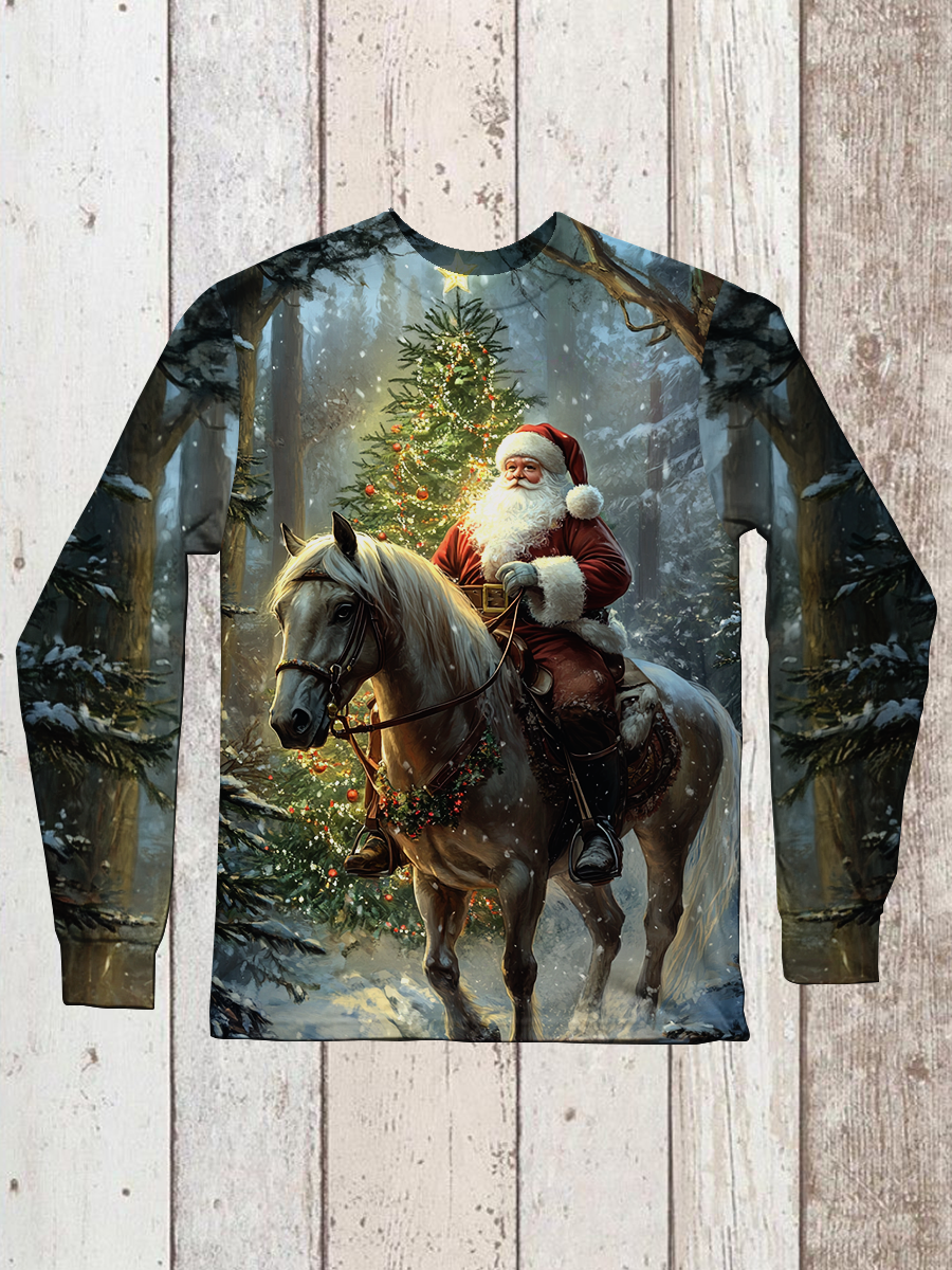 Christmas Art Print Round Neck Long Sleeve Casual T-Shirt