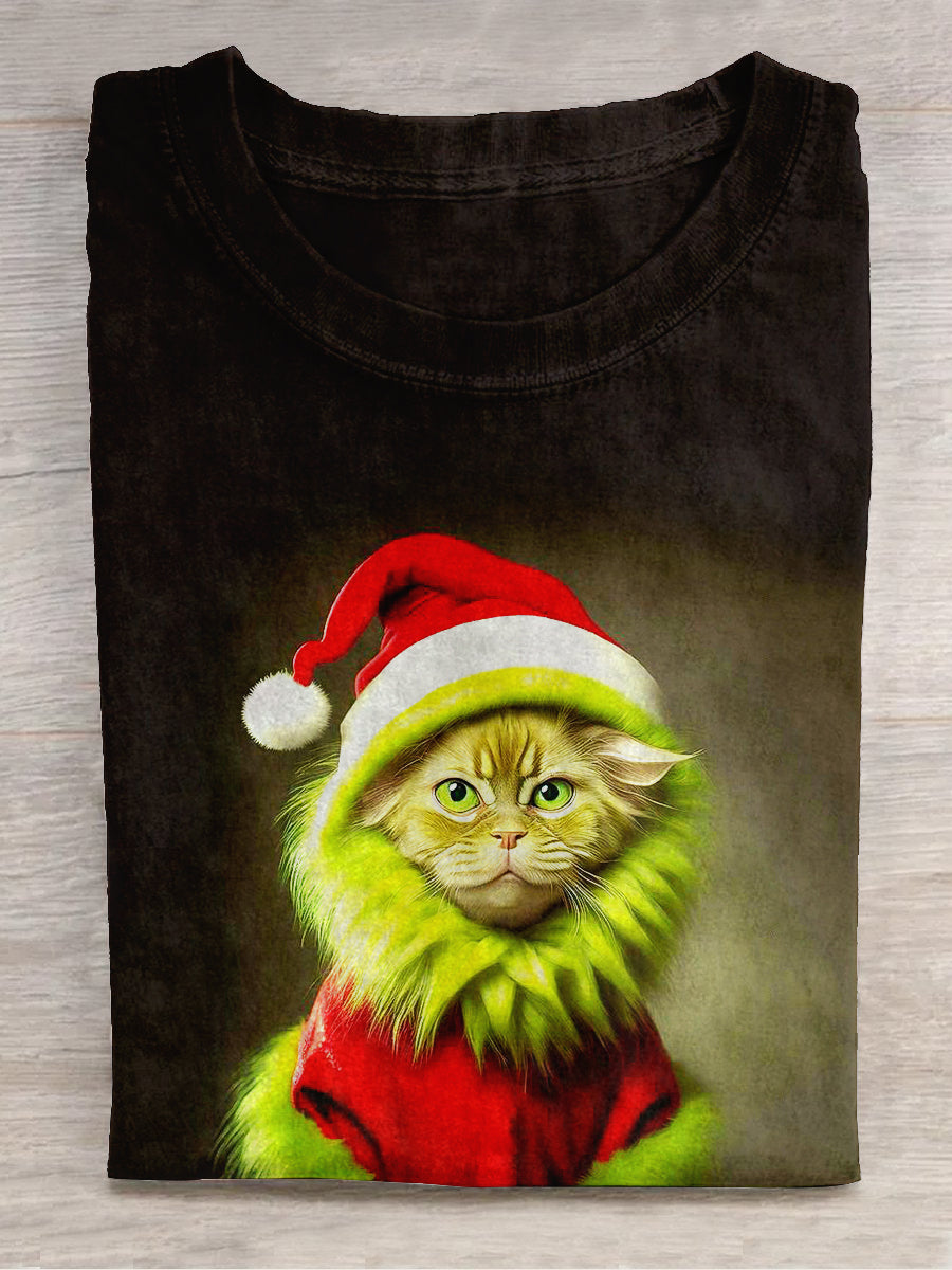 Funny Cat Christmas Art Print Unisex Crew Neck Short Sleeve Casual T-Shirt