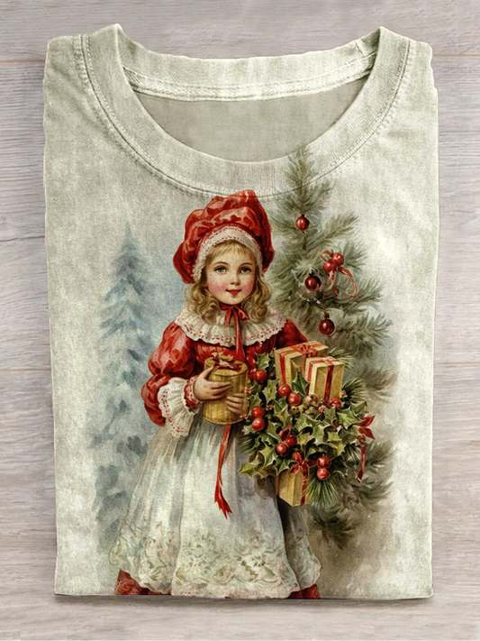 Christmas Art Print Round Neck Short Sleeve Casual T-Shirt