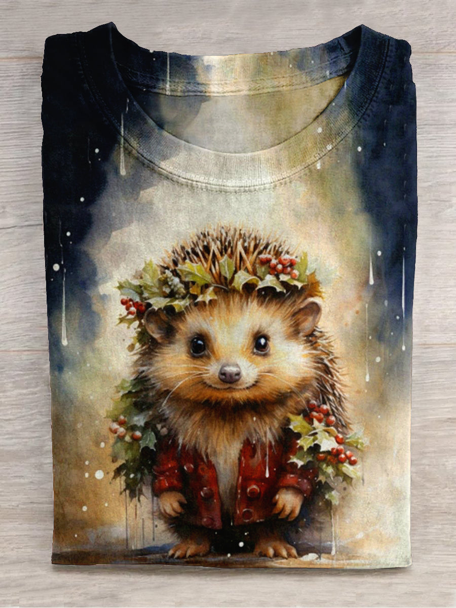 Hedgehog Christmas Art Print Unisex Round Neck Short Sleeve Casual T-Shirt