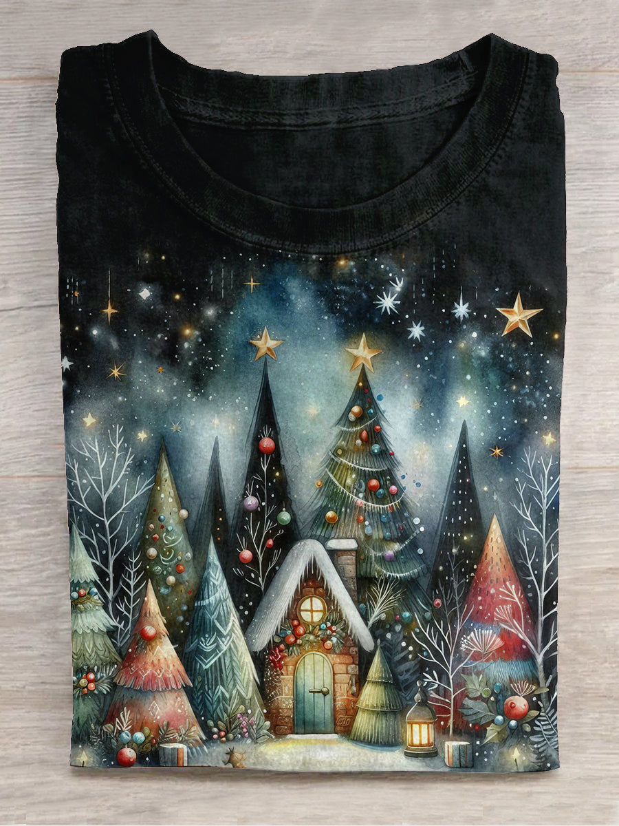 Christmas Tree Christmas House Art Print Unisex Round Neck Short Sleeve Casual T-Shirt