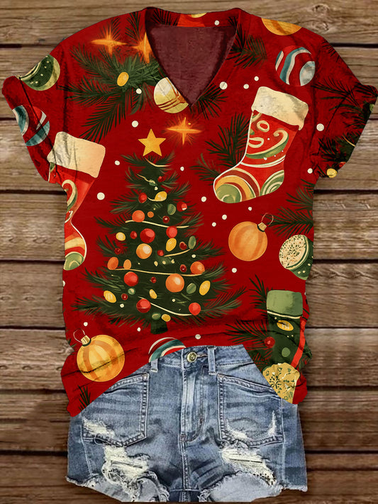 Christmas Graphic Art Print Unisex V-Neck Short Sleeve Casual T-Shirt