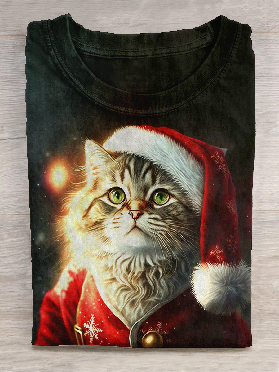 Christmas Cat Art Print Unisex Round Neck Short Sleeve Casual T-Shirt