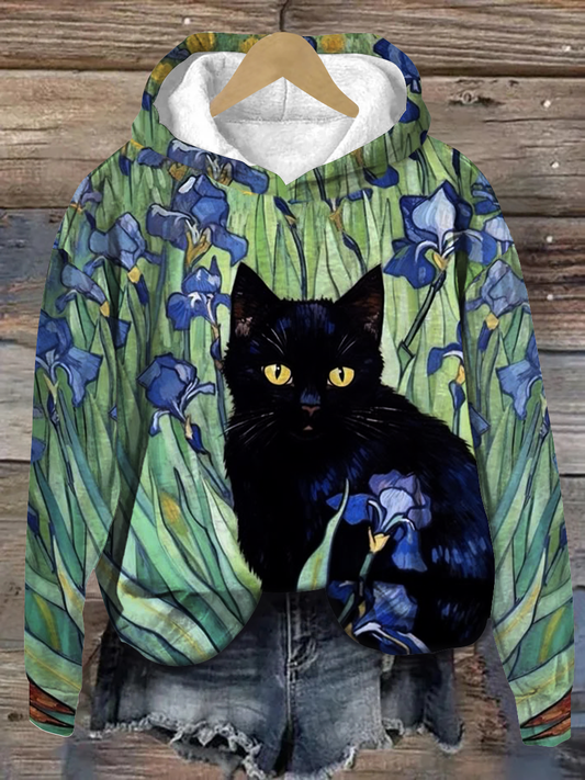 Cat Art Print Long Sleeve Casual Hooded Sweatshirt