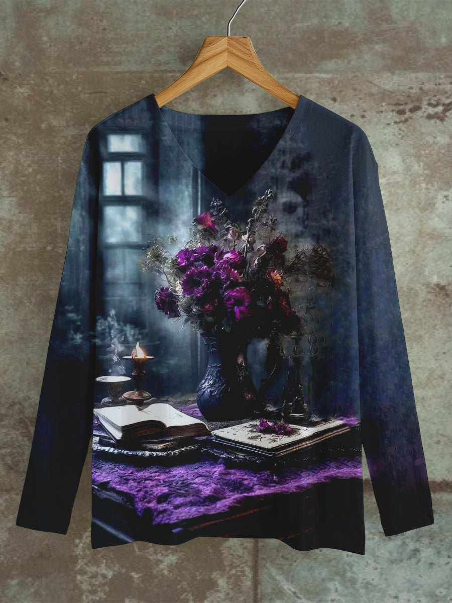 Magic Book Witch Art Print Unisex V-Neck Long Sleeve Casual T-Shirt