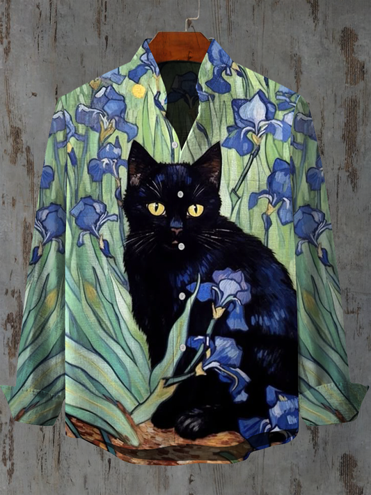 Cat Art Print Stand Collar Long Sleeve Casual Shirt