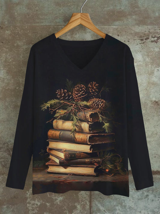 Vintage Book Art Print Unisex V-Neck Long Sleeve Casual T-Shirt