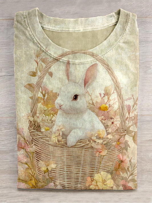 Forest Bunny Print Round Neck Short-Sleeved Casual T-Shirt