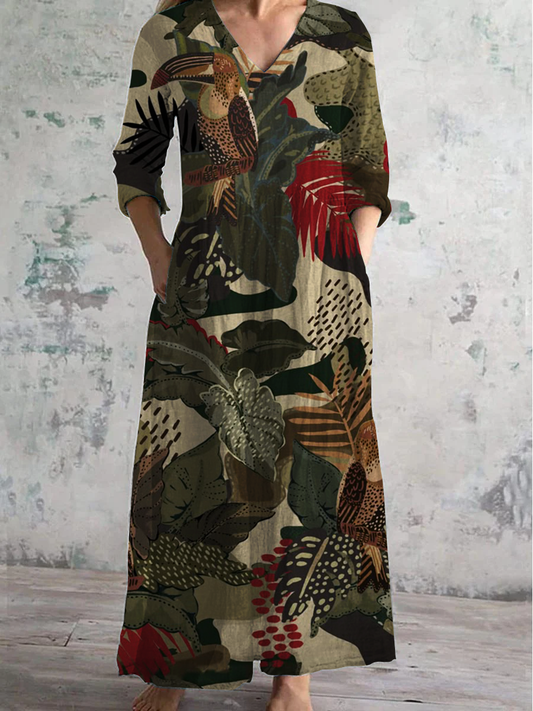 Floral Art Print V-Neck Long-Sleeved Casual Dress