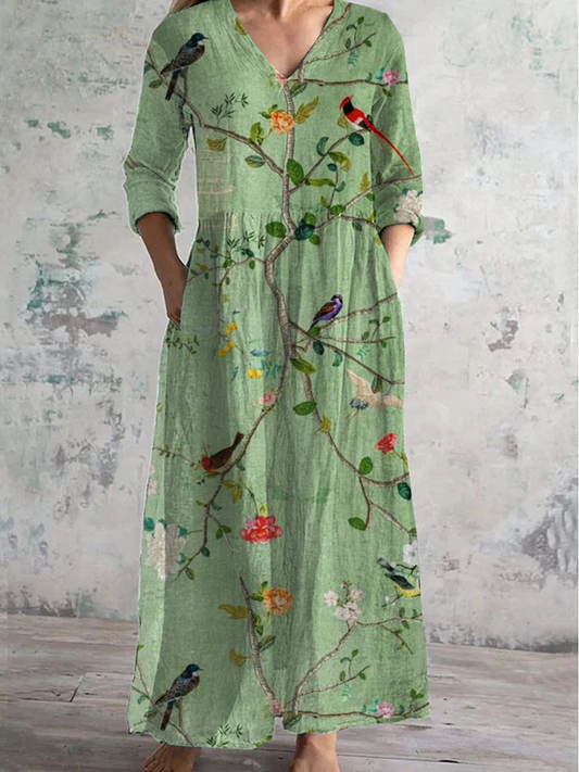 Floral Art Print V-Neck Long-Sleeved Casual Dress