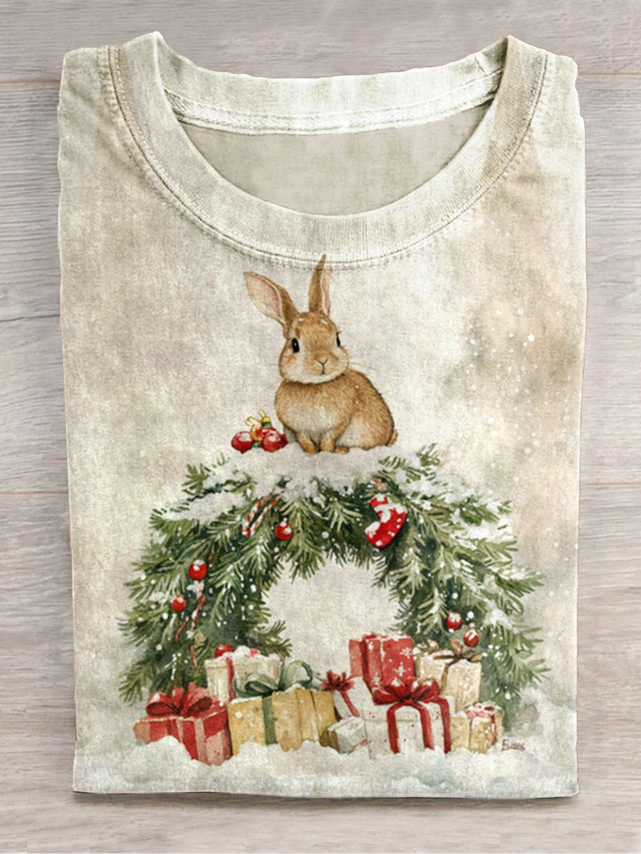 Forest Bunny Print Round Neck Short-Sleeved Casual T-Shirt