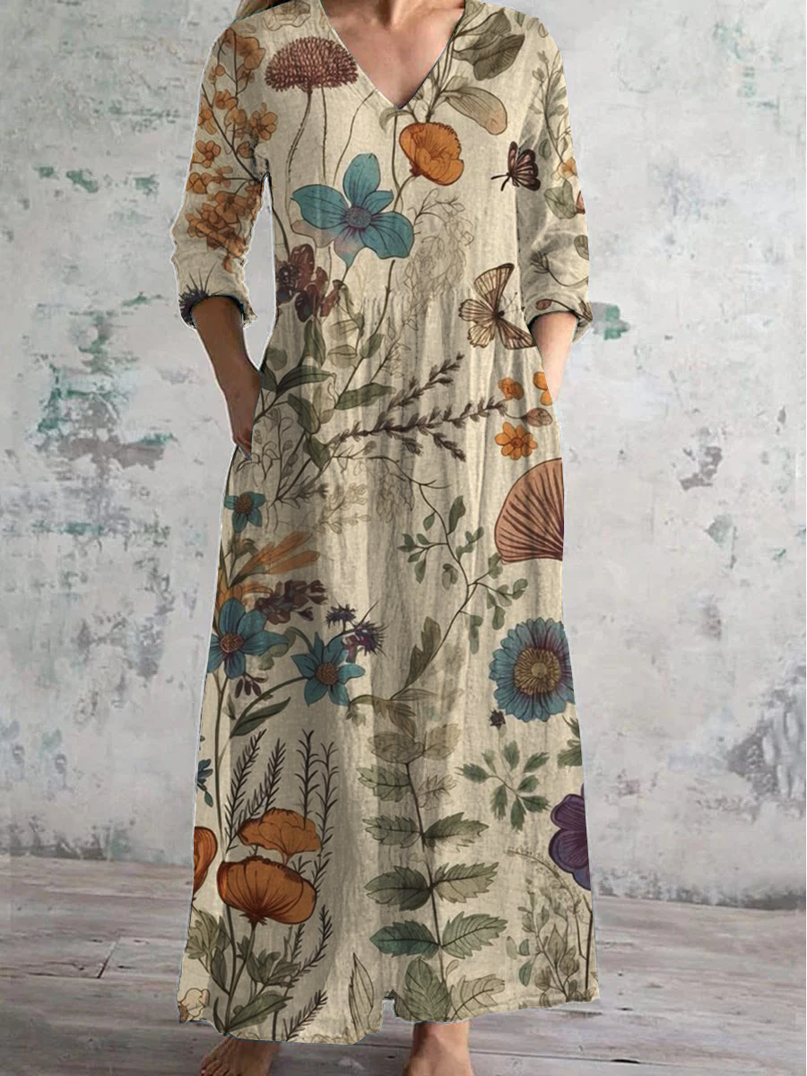 Floral Art Print V-Neck Long-Sleeved Casual Dress