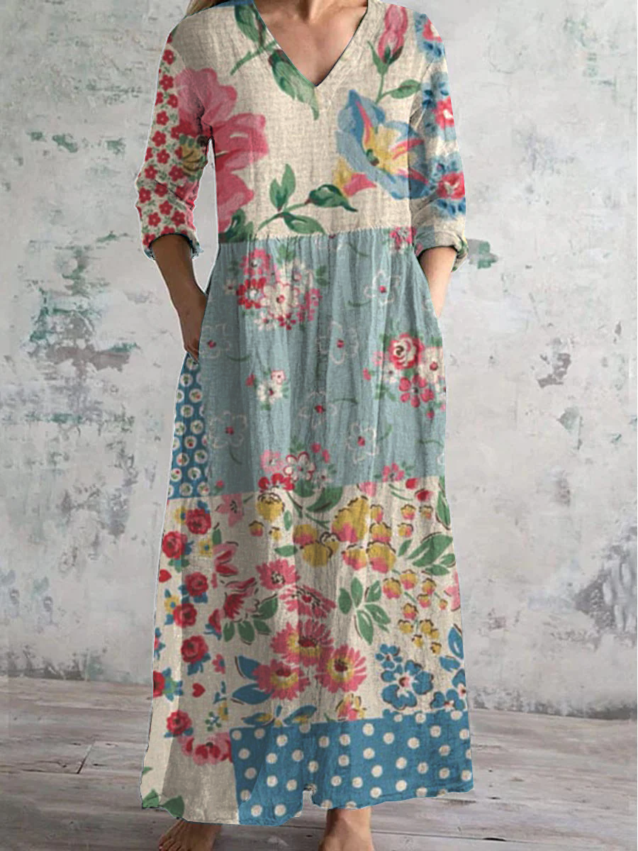 Floral Art Print V-Neck Long-Sleeved Casual Dress