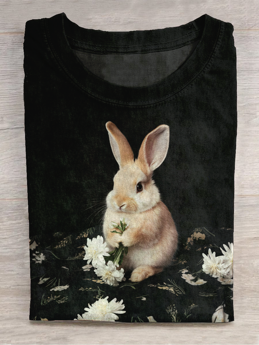 Forest Bunny Print Round Neck Short-Sleeved Casual T-Shirt