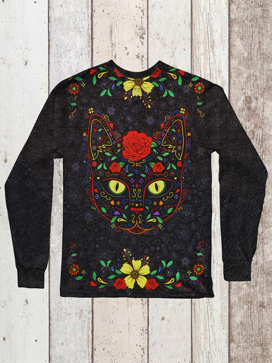 Black Cat Art Print Unisex Crew Neck Long Sleeve T-Shirt