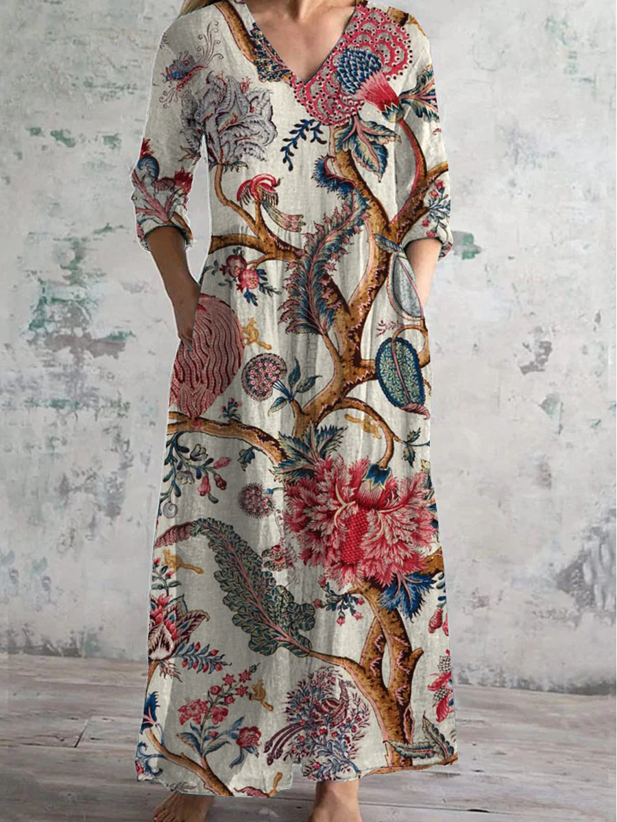 Floral Art Print V-Neck Long-Sleeved Casual Dress