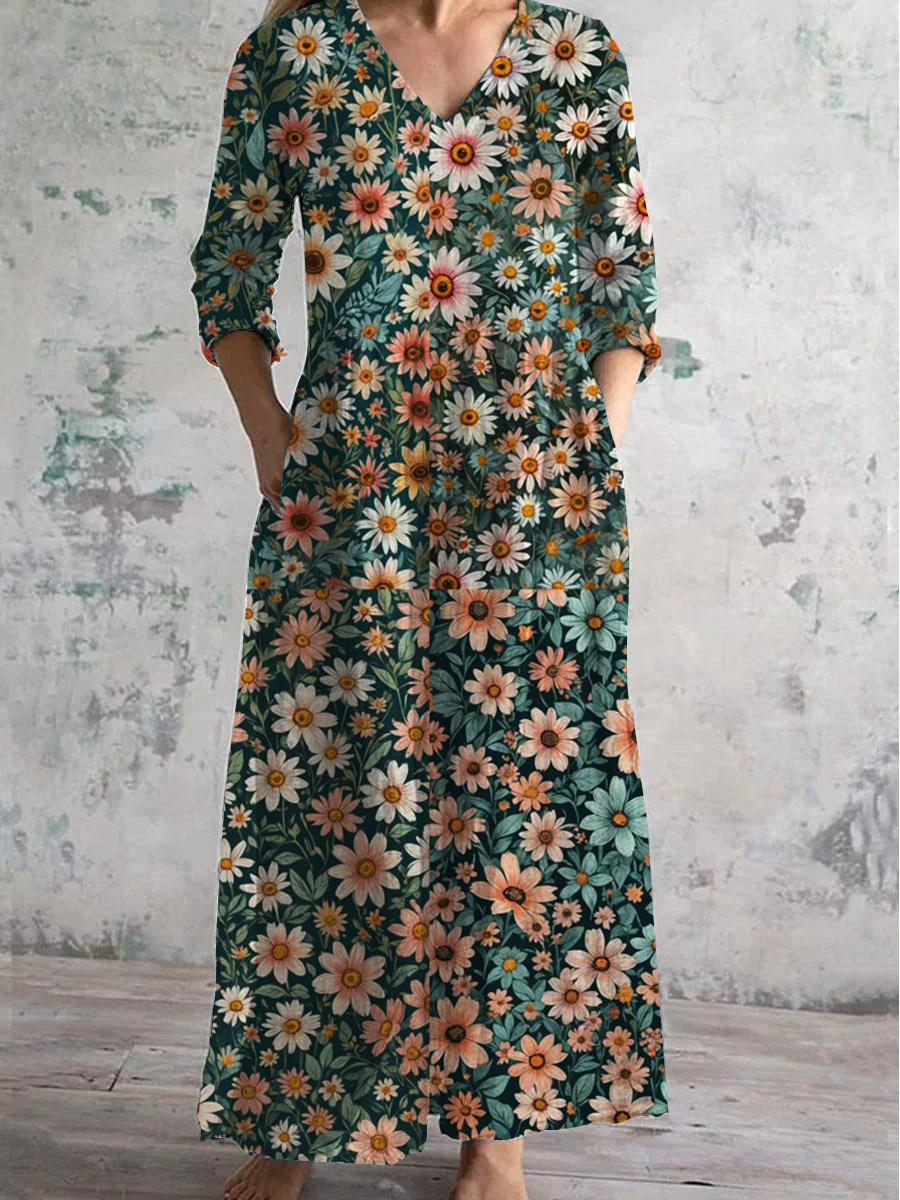 Floral Art Print V-Neck Long-Sleeved Casual Dress