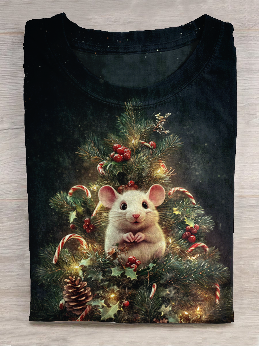 Christmas Mouse Print Round Neck Short-Sleeved Casual T-Shirt