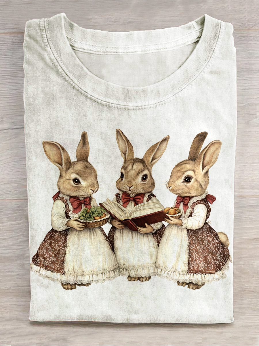 Forest Bunny Print Round Neck Short-Sleeved Casual T-Shirt