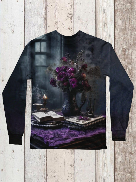 Magic Book Witch Art Print Unisex Crew Neck Long Sleeve Casual T-Shirt