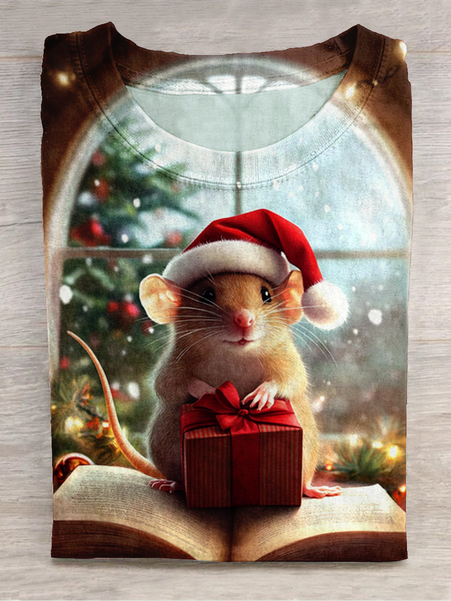 Christmas Mouse Print Round Neck Short-Sleeved Casual T-Shirt