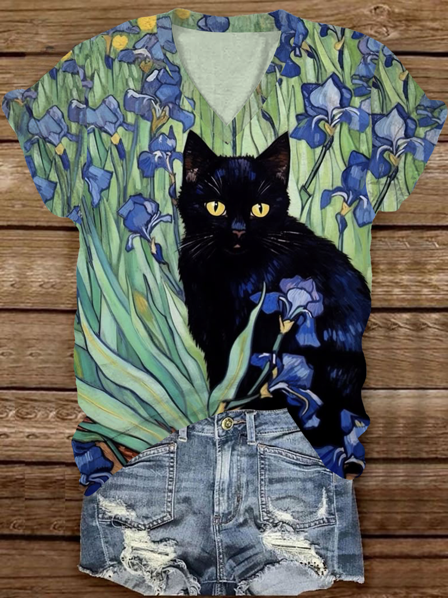 Cat Art Print V-Neck Short-Sleeved Casual T-Shirt