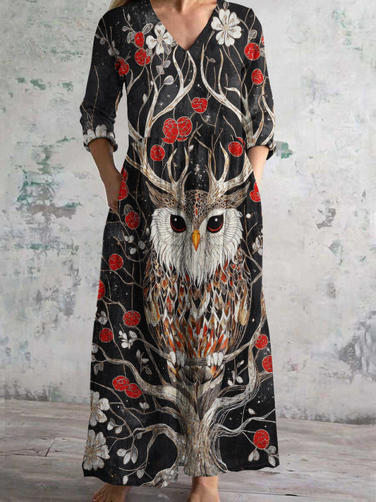 Women's V-neck Deer Horn Owl Floral Plant Art Print Pocket Dress