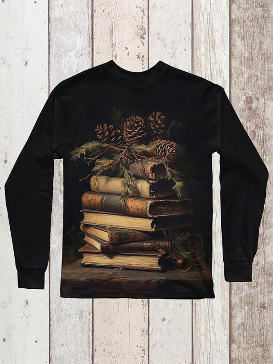 Vintage Book Art Print Unisex Round Neck Long Sleeve Casual T-Shirt