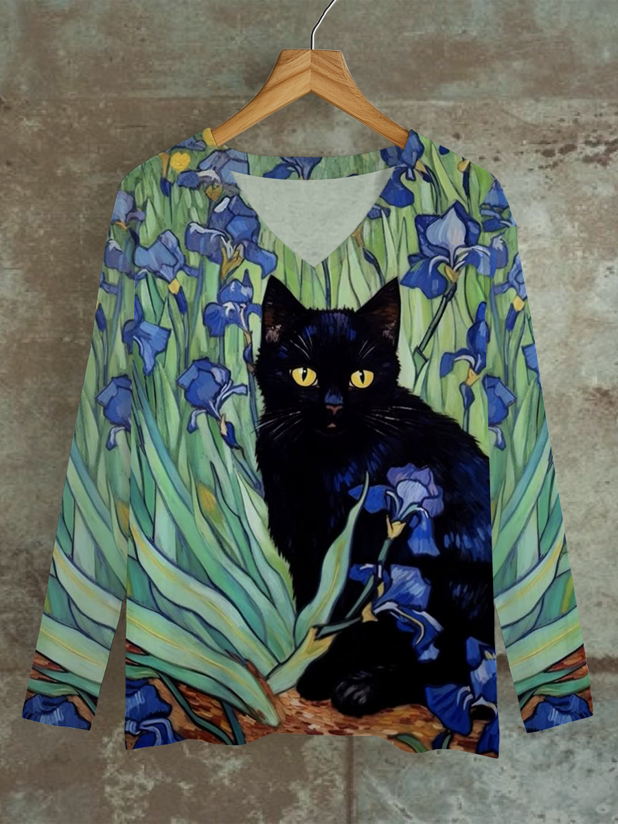 Cat Art Print V-Neck Long-Sleeved Casual T-Shirt