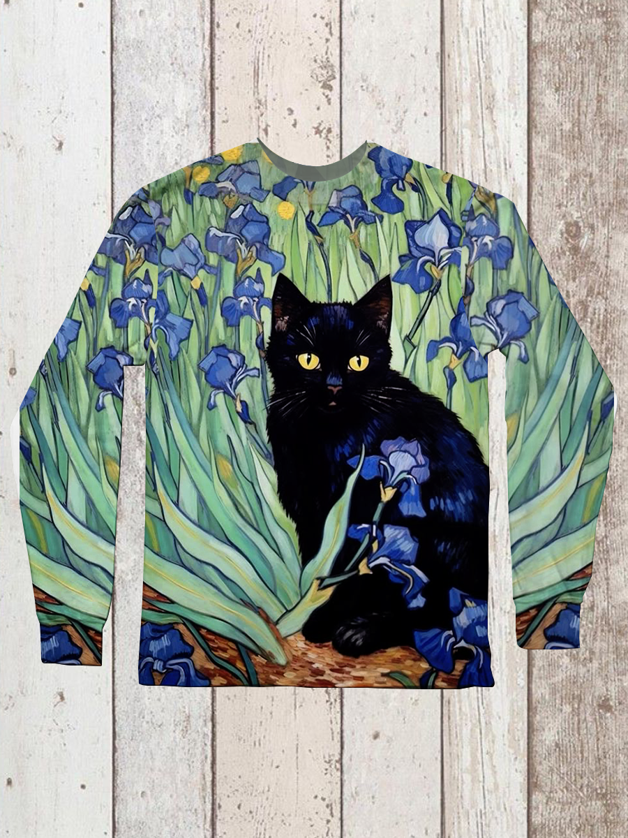 Cat Art Print Round Neck Long Sleeve Casual T-Shirt