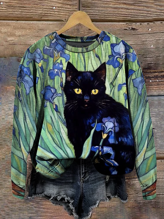 Cat Art Print Round Neck Long Sleeve Casual Sweatshirt