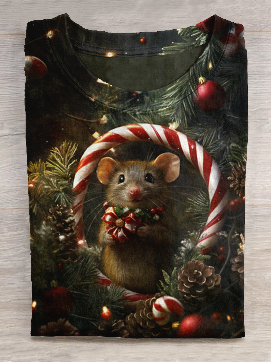 Christmas Mouse Print Round Neck Short-Sleeved Casual T-Shirt