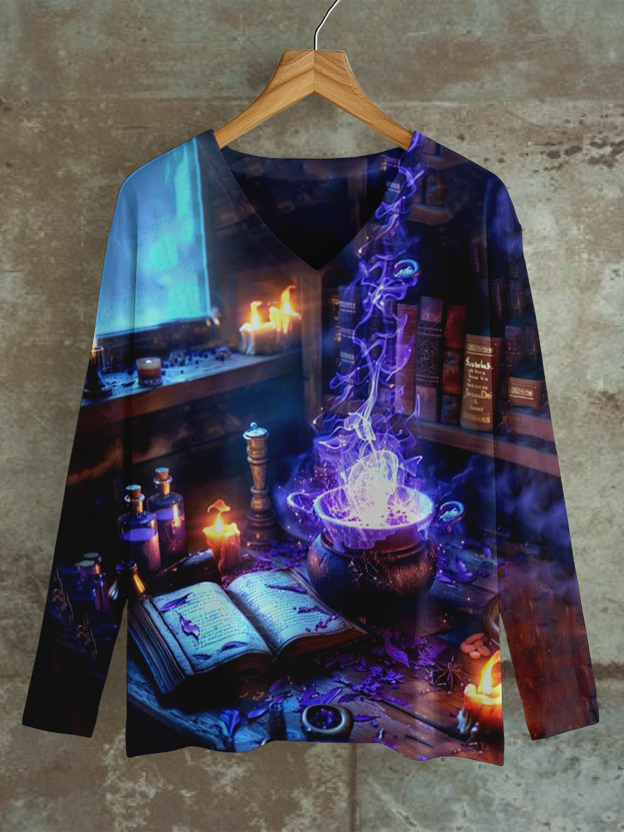 Magic Book Witch Art Print Unisex V-Neck Long Sleeve Casual T-Shirt