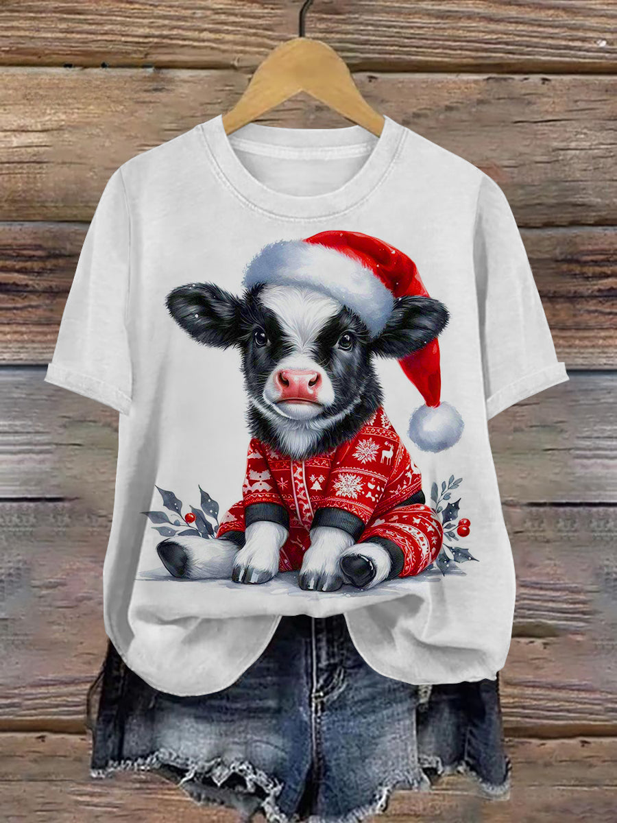 Christmas Cow Art Print Unisex Round Neck Short Sleeve Casual T-Shirt