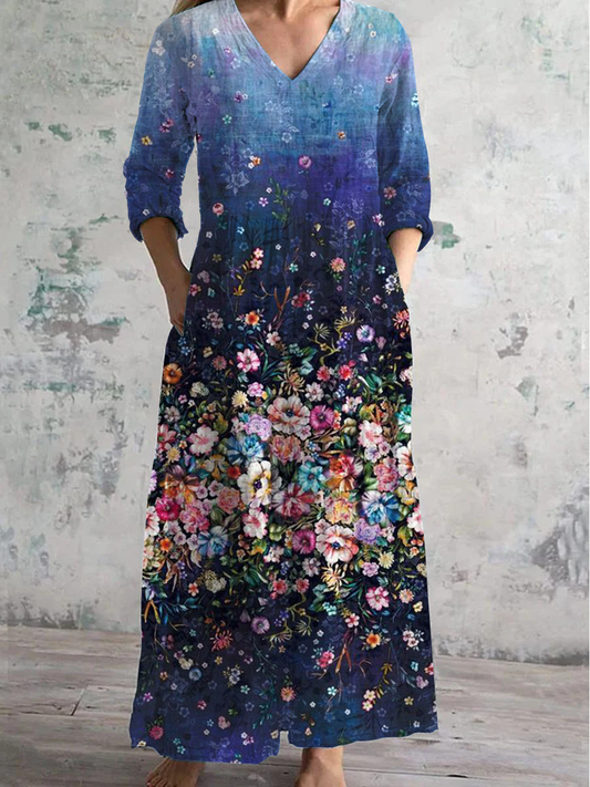 Floral Art Print V-Neck Long-Sleeved Casual Dress