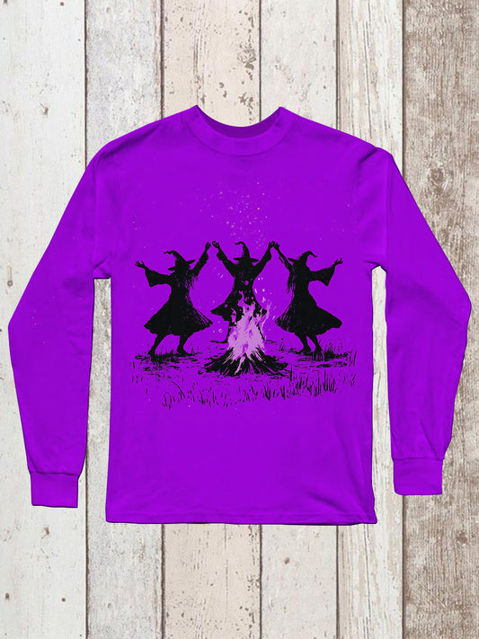 Witch Bonfire Ritual Witch Dance Art Print Unisex Crew Neck Long Sleeve Casual T-Shirt