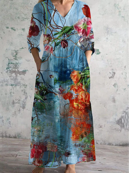 Floral Art Print V-Neck Long-Sleeved Casual Dress