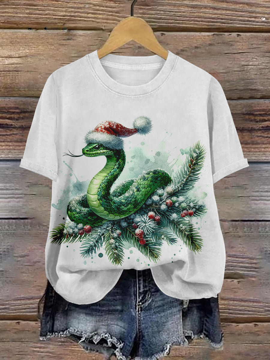 Green Snake Christmas Art Print Unisex Round Neck Short Sleeve Casual T-Shirt