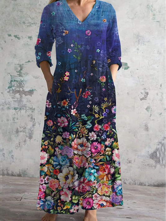 Floral Art Print V-Neck Long-Sleeved Casual Dress