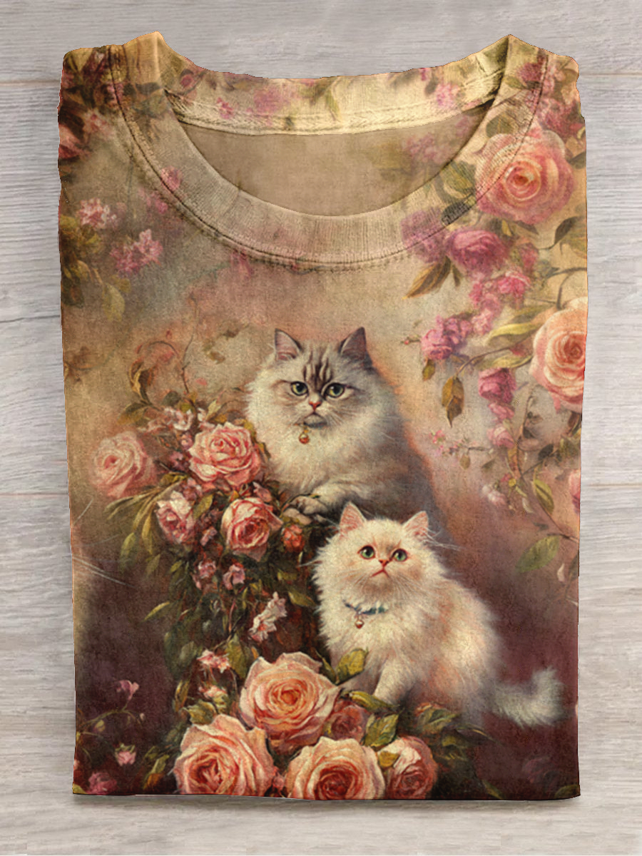 Cat Art Print Round Neck Short Sleeve Casual T-Shirt