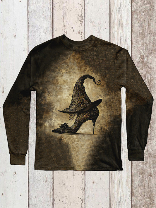 Witch Art Print Unisex Round Neck Long Sleeve Casual T-Shirt