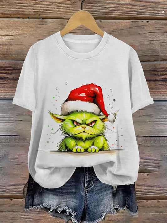 Funny Cat Christmas Art Print Unisex Round Neck Short Sleeve Casual T-Shirt