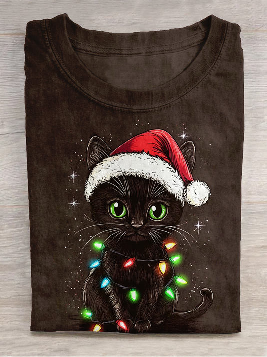 Christmas Cat Art Print Round Neck Short Sleeve Casual T-Shirt