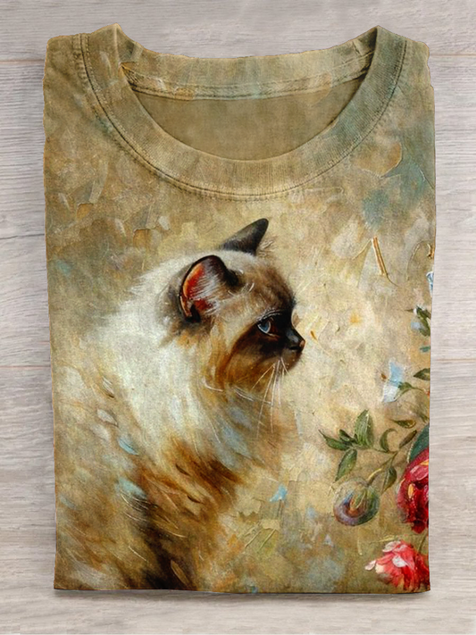 Cat Art Print Round Neck Short Sleeve Casual T-Shirt