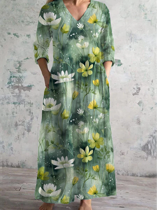 Floral Art Print V-Neck Long-Sleeved Casual Dress