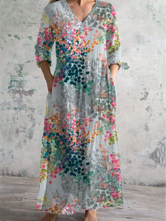 Floral Art Print V-Neck Long-Sleeved Casual Dress